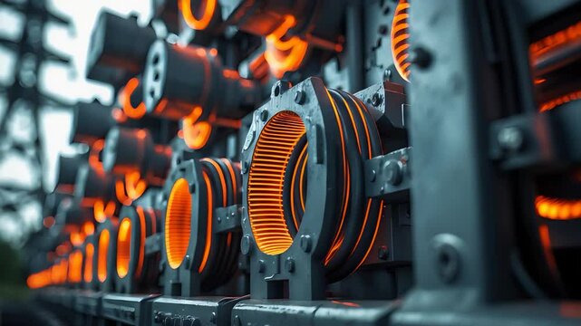 Industrial Electric Turbine Coils Glowing with Energy Inside High-Tech Power Generation Facility Featuring Rows of Mechanical Components


