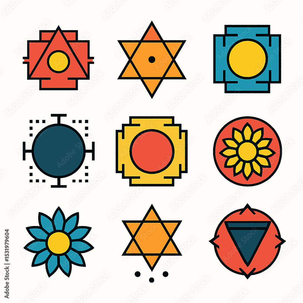 Poster collection of vibrant geometric shapes and symbols in a grid pattern design
