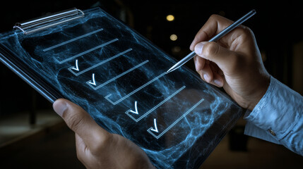  Law regulation and compliance rules on virtual screen concept. Digital documents with checkbox lists.