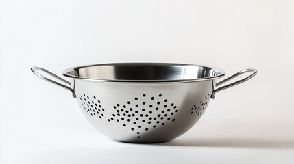 A stainless steel colander with two handles and a decorative perforated pattern sits on a white background.  The colander is shallow and bowl-shaped, showing subtle reflections of light