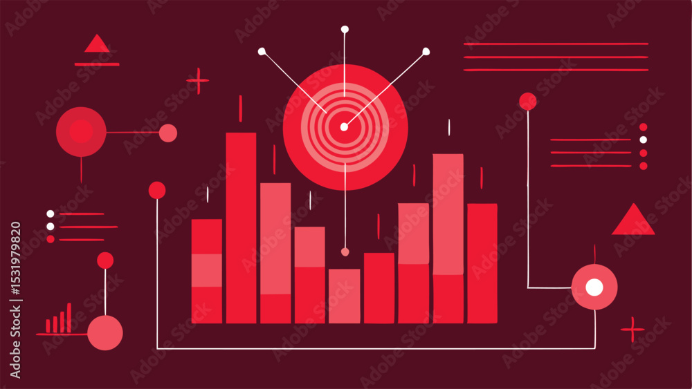 Poster abstract data visualization with graphs and charts in red and white design