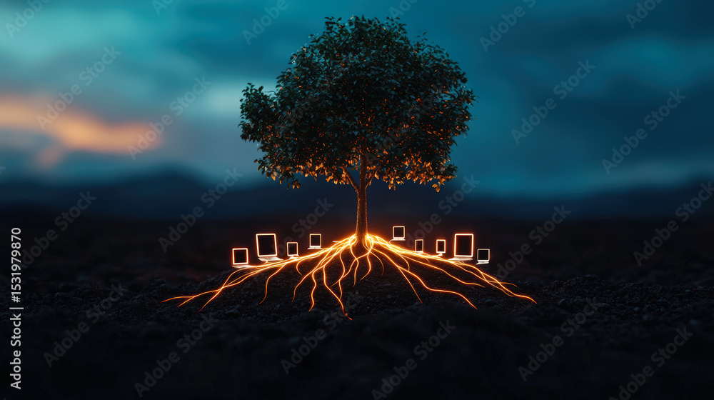 Poster a glowing tree with illuminated roots connecting multiple laptops in a dark, blurred outdoor setting
