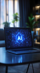 Laptop displaying glowing AI symbol on screen sits on table in modern, dimly lit room with plants and shelves in background