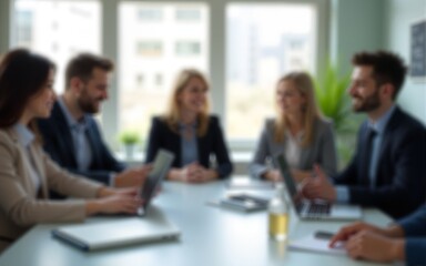 blurred photo of business people sitting around the table in an office, captured from behind and in focus, symbolizing collaboration within  company or between different quaint style icons.