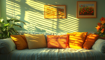 Sunlit living room couch with pillows cozy interior design