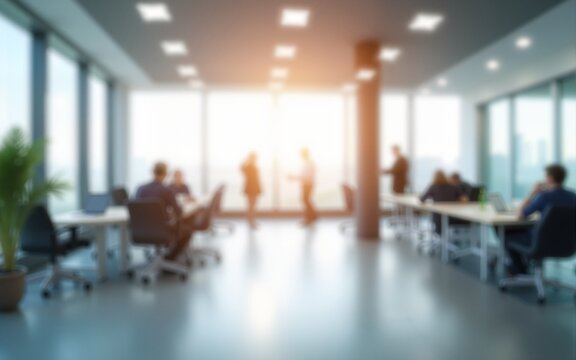 Bright and spacious office space in an unfocused view. Modern blurred background photo for banner, poster or magazine and website background. High quality