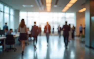 Bright business workplace with people in walking in blurred motion in modern office space. High quality