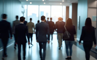 Businesspeople crowd fastmoving in an office lobby background with motion blur. High quality