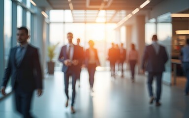Bright business workplace with people in walking in blurred motion in modern office space. High quality