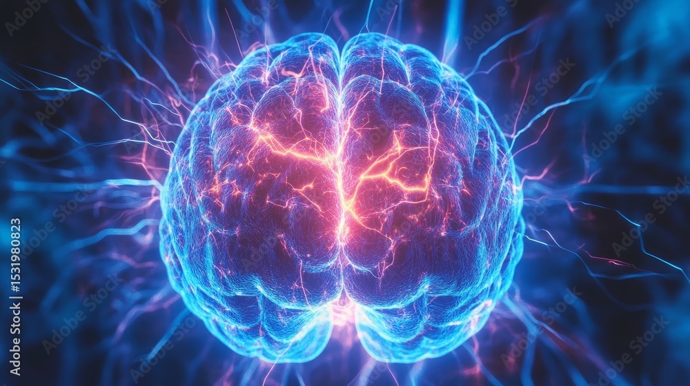Aufkleber digital visualization of a human brain with glowing electrical activity and light flashes representi