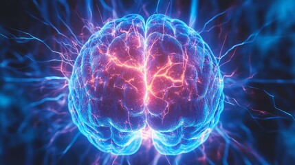 Digital visualization of a human brain with glowing electrical activity and light flashes representing neural connections and synaptic impulses in a futuristic technology and medical science concept