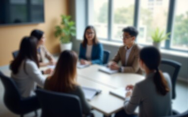 Generative AI : Abstract blurred defocused of asian young team sitting group circle meeting in top wide angle view in modern office Asian speaker explain teach coach sharing idea to audience in educat