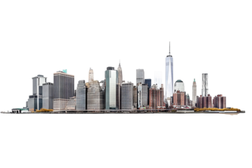High-resolution transparent PNG panorama of Lower Manhattan skyline from the South — detailed urban cityscape cutout for graphic design, architectural presentations, and digital composites