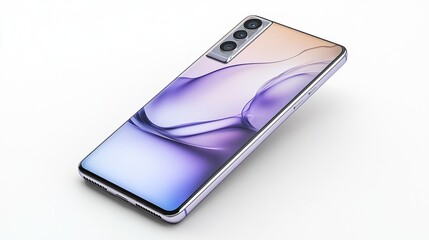 Sleek smartphone with a pastel purple and beige back, featuring a curved design and a prominent rectangular camera module with four lenses, showcased against a stark white backdrop, slightly angled