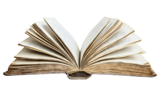 Open book with fluttering pages isolated on transparent background, high-resolution PNG cutout for editorial layouts, digital scrapbooking, educational presentations, print publications and literary