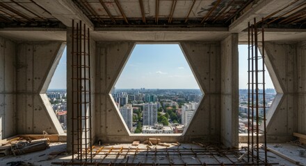 Obraz premium Unfinished concrete building interior with rebar looking out through a large window at a distant city skyline. Represents urban development, progre...
