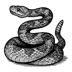 Fototapeta premium Vintage Snake Curled Up Black and White Outline Line Art Drawing Illustration Style Reptile