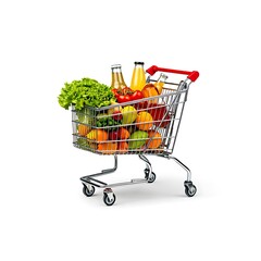 Shopping cart filled with fresh produce and drinks