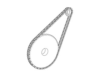 Detailed Schematic Representation of a Chain and Sprocket Wheel Drive. Engineering Diagram Illustrating Mechanical Power Transmission in a Simple Outline Style. Isolated Industrial Machine Part.