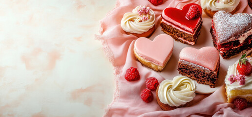 Heart shaped cakes and cupcakes with pink and red frosting are beautifully arranged on soft pink cloth, surrounded by fresh raspberries and strawberries, creating romantic and sweet atmosphere