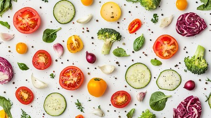 Colorful assortment of fresh vegetables and herbs arranged on a white background, showcasing healthy and natural ingredients.
