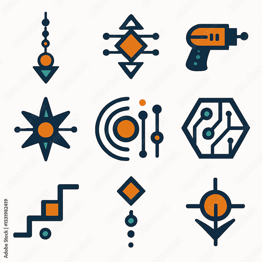 Poster geometric icons set featuring futuristic technology and abstract design elements
