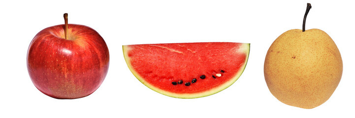 Sliced of watermelon with Chinese pear and red apple fruit isolated on transparent background, Fruit with yellow with red and shiny outer skin