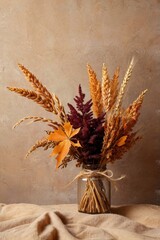 Autumn's gentle embrace a bouquet of dried flowers in shades of Ochre and Crimson, a natural still life composition