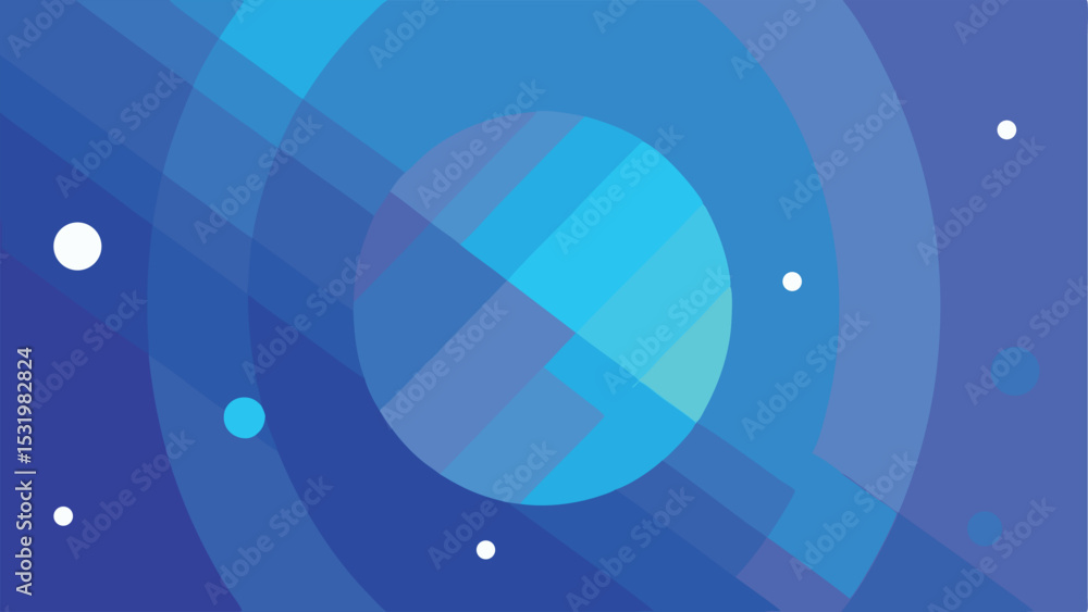 Poster abstract geometric blue design featuring concentric circles and floating white dots on transparency
