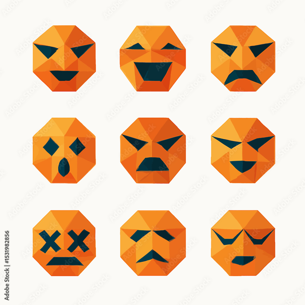 Poster geometric orange shapes displaying various facial expressions in a vector graphic