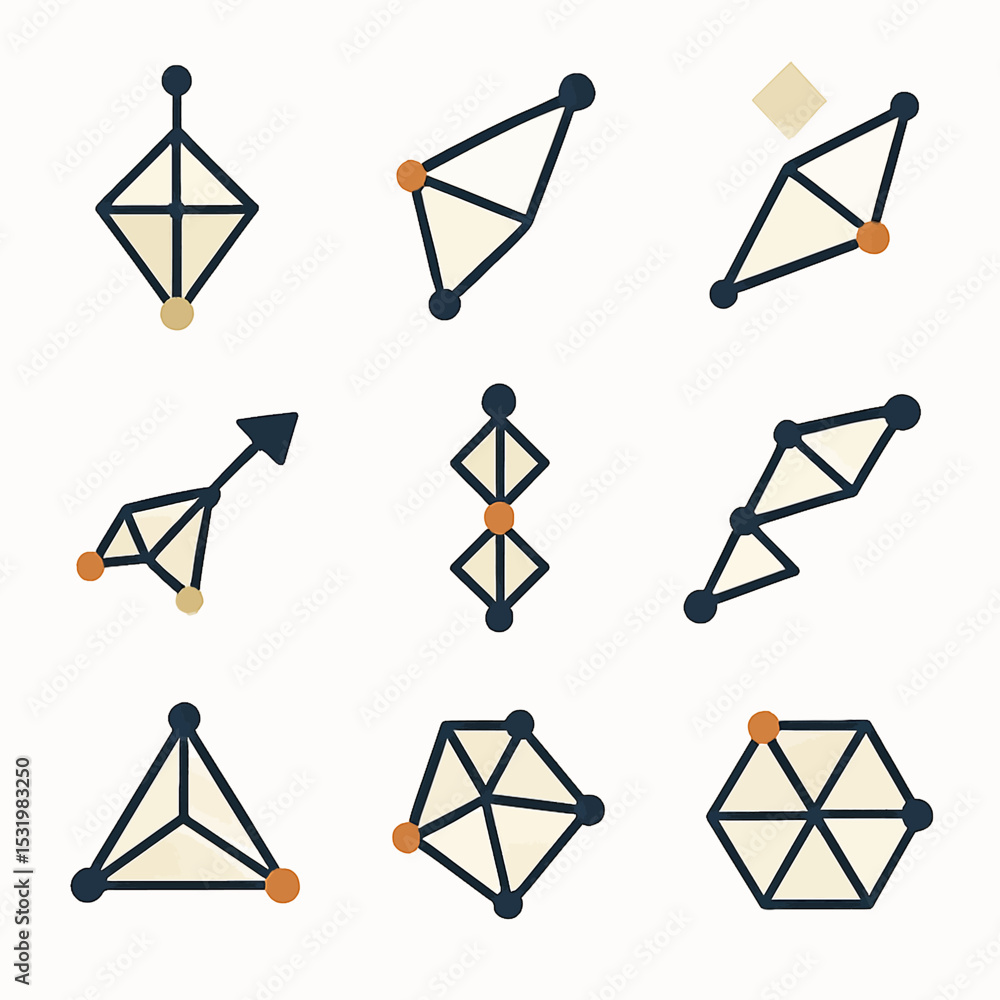 Poster geometric shapes and abstract design elements with modern color palette and line art