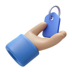 3d hand holding a sale tag on transparent background