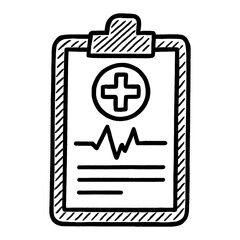 Obraz premium Clipboard with Medical Sign Plus and Heartbeat Signal Black and White Outline Line Art Drawing