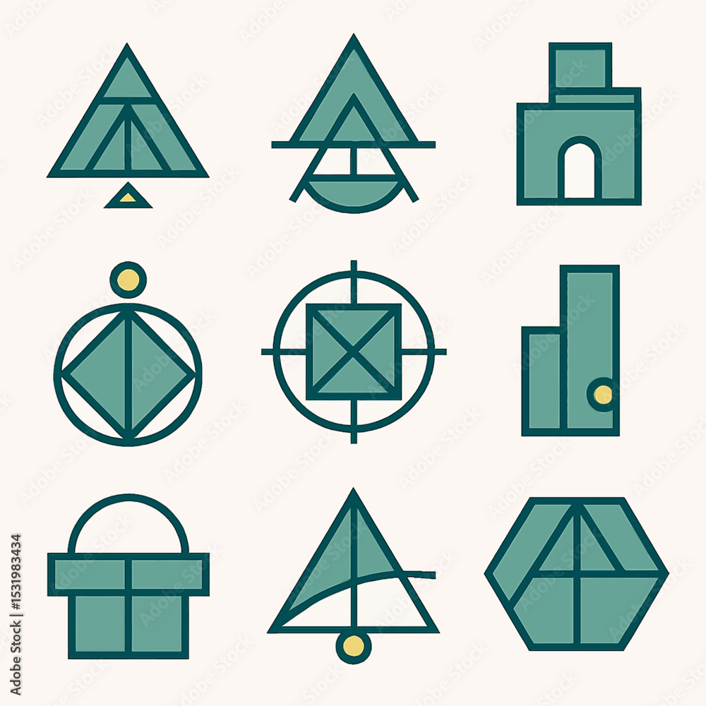 Poster geometric shapes and patterns arranged in a grid with teal and yellow accents