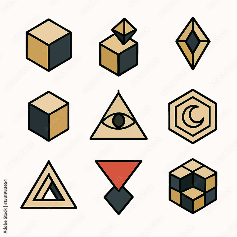 Poster geometric shapes and symbols in a modern flat design with a tan and dark color scheme