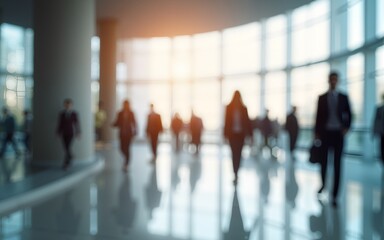Blurred office building lobby with people walking in a modern corporate environment. Intentionally blurred background with clean minimalist design and architecture. High quality