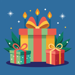 Christmas Gift Box with Burning Candles Vector Illustration