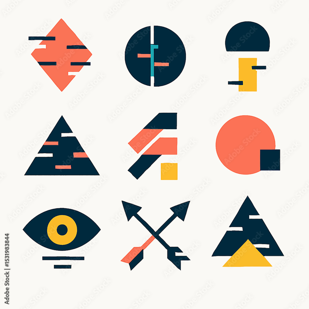 Aufkleber geometric shapes arranged in a grid pattern with flat design and vibrant colors