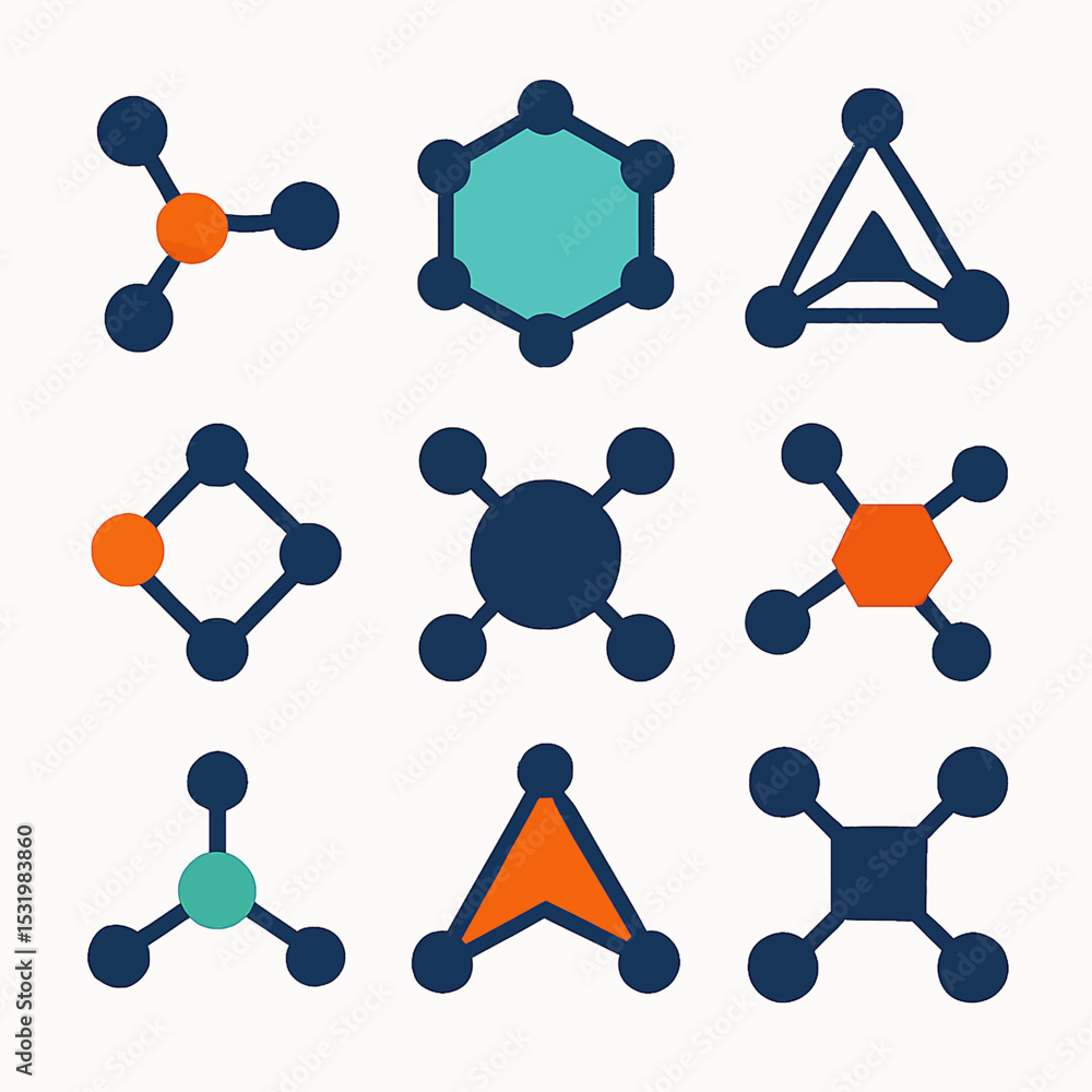 Poster geometric shapes arranged in a grid pattern with interconnected circles and polygons