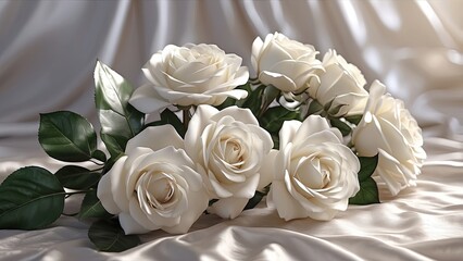 Obraz premium White Rose Flower Arrangement and Luxurious Satin Fabric