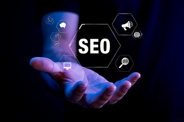 A hand presents a glowing seo hexagon, surrounded by digital marketing icons