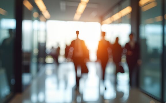 Bright business workplace with people in walking in blurred motion in modern office space. High quality