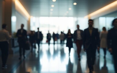 business people walking in the corridor of an business center, pronounced motion blur, crowded bright modern light office movement defocused. office background busy. talking and rushing in the lobby.