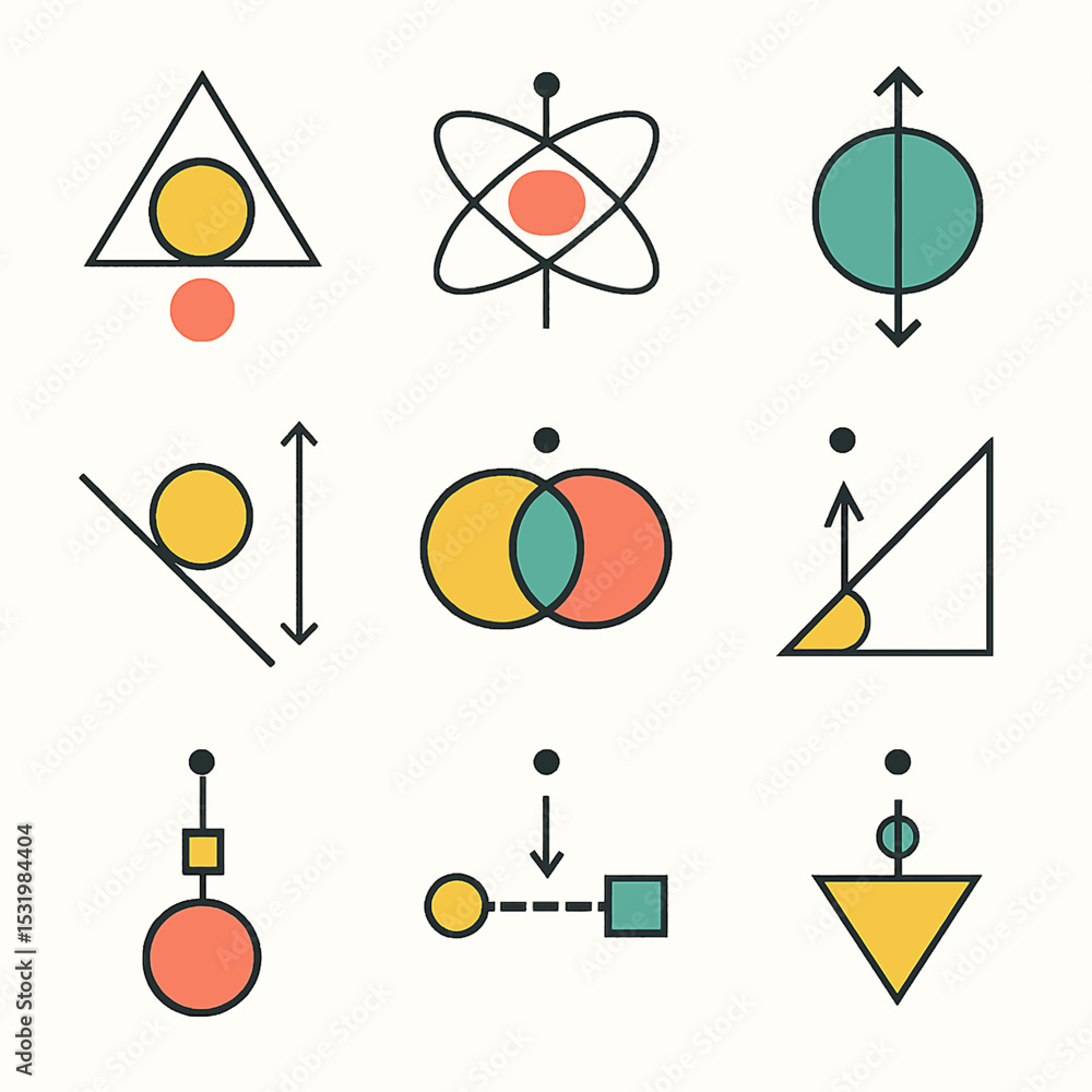 Poster geometric shapes composition with circles, triangles, squares and lines design