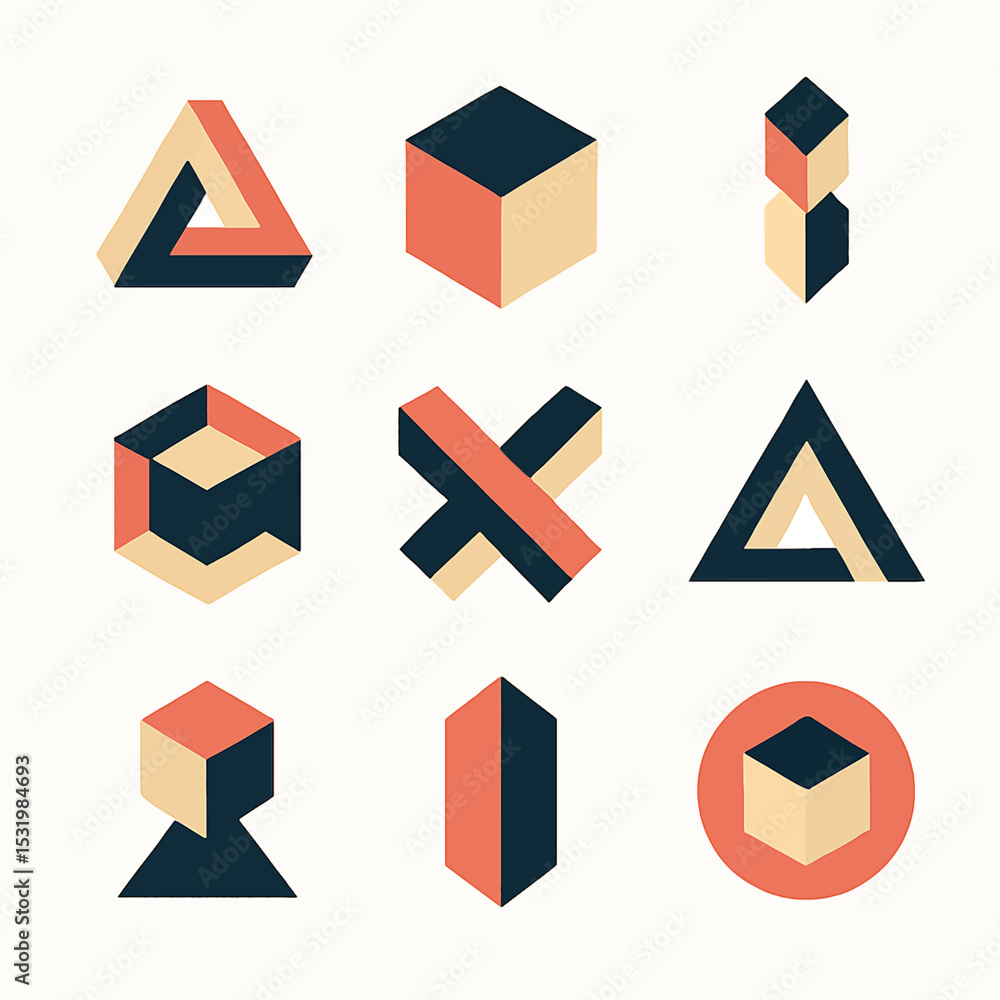 Poster geometric shapes in retro colors create a captivating isometric design pattern