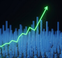 A photorealistic, cinematic 3D render of a dynamic, abstract financial stock market chart. The scene is a data cityscape, with a field of semi-translucent blue candlestick bar charts of varying height