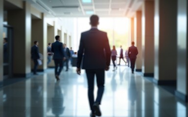 Blur background of businessman walking at corridor in convention hall, business office building hall way background. High quality