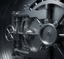 Fototapeta premium A photorealistic and cinematic close-up of the intricate locking mechanism of a massive, circular bank vault door