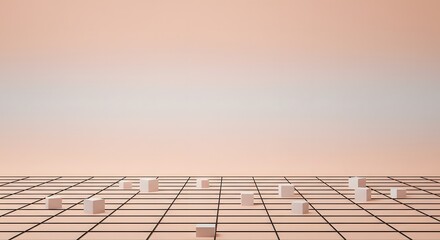 Muted peach-gray gradient background with a floating matte black grid and minimalist white cubes 2