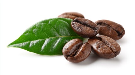 coffee beans with a green leaf - isolated on white background